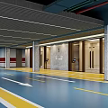 Modern Indoor Parking Garage With Blue Floor Yellow White Lines And Elevator Doors