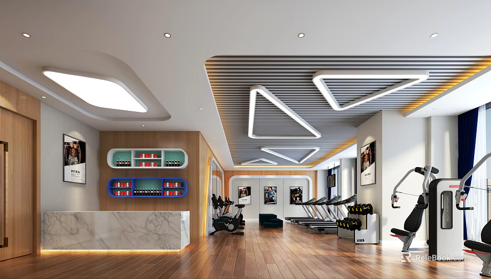 Modern Fitness Gym Interior With Treadmills Workout Equipment And Marble Reception 3d model 