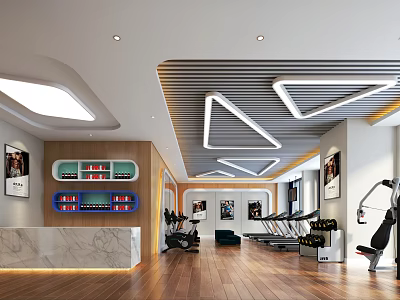 Modern Fitness Gym Interior With Treadmills Workout Equipment And Marble Reception 3d model