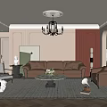 Luxurious Living Room Interior With Brown Leather Sofa Round Coffee Table Chandelier And Herringbone Rug