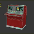 Red Control Console Equipment With Dual Screens Buttons Indicators And White Base