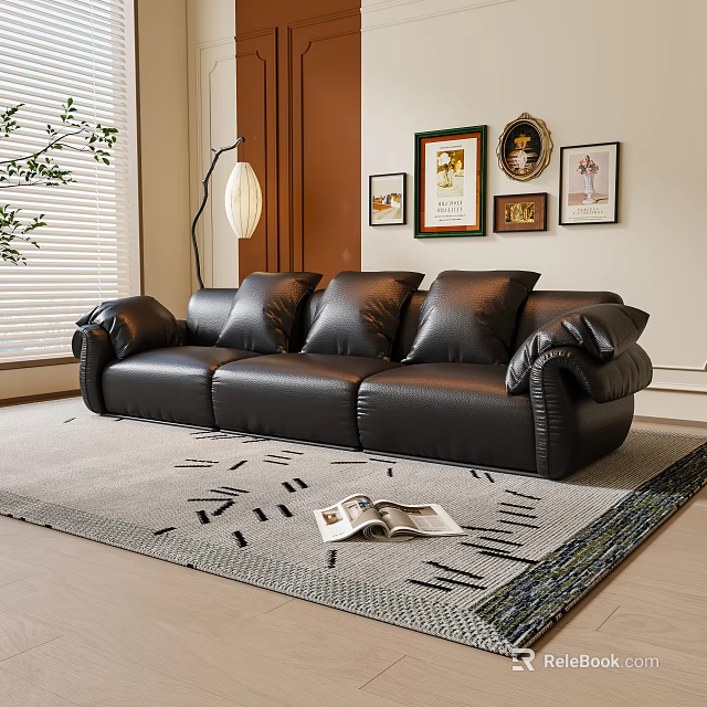 Elegant Black Leather Three Seater Sofa With Floor Lamp Wall Art And Magazine On Rug 3d model 