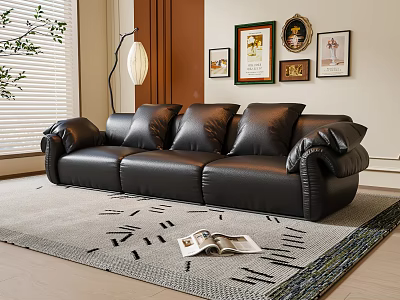 Elegant Black Leather Three Seater Sofa With Floor Lamp Wall Art And Magazine On Rug 3d model