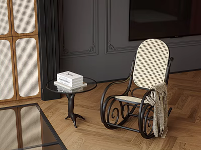 Elegant Beige Black Rocking Chair with Wicker Design Blanket Small Table and Wooden Floor 3d model