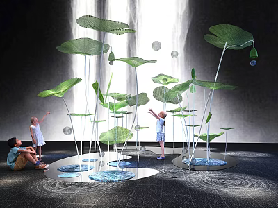 Children And Parents Playing With Leaf Shaped Art Installation Featuring Water Droplets 3d model