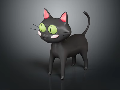 Cartoon Black Cat With Pink Ears Big Green Eyes Pink Cheeks Standing In 3d model