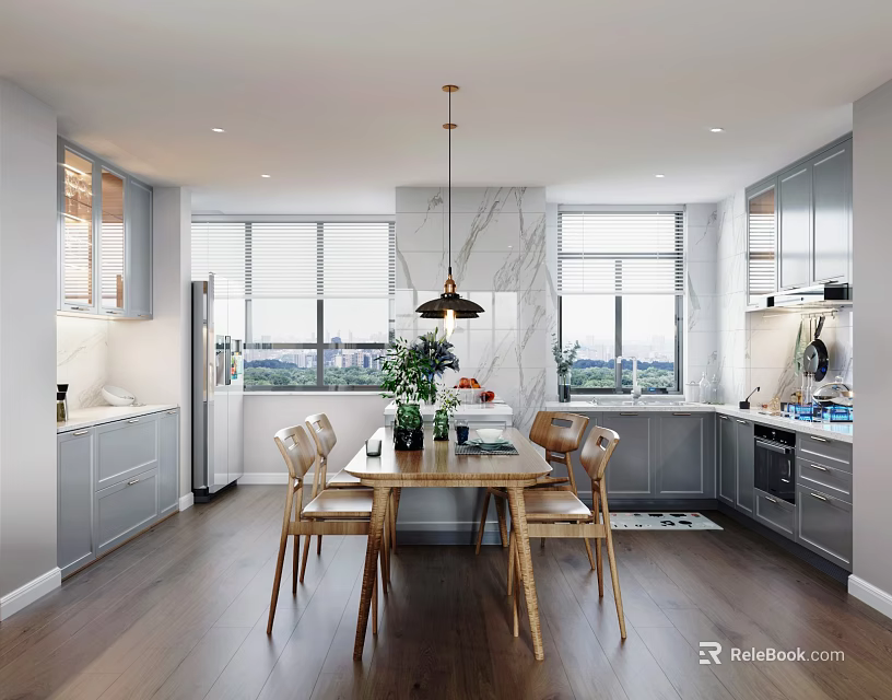 Modern Dining and Living Area with Wooden Table Chairs Marble Wall Hanging Lamp and Cabinets 3d model 