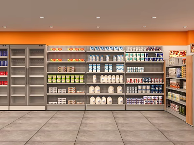 Supermarket Grocery Interior With Shelves Full Of Various Products And Refrigerated Cabinets 3d model