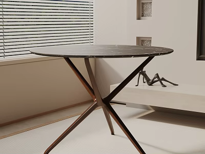 Round Black Marble Top Side Table with Crossed Metal Legs Near Blinds in Indoor Space 3d model