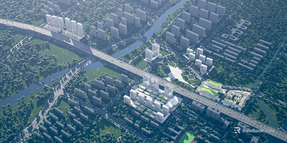 Aerial Planning of Urban Development With Residential Buildings Riverside Green Spaces And Transport Networks 3d model 