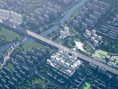 Aerial Planning of Urban Development With Residential Buildings Riverside Green Spaces And Transport Networks 3d model