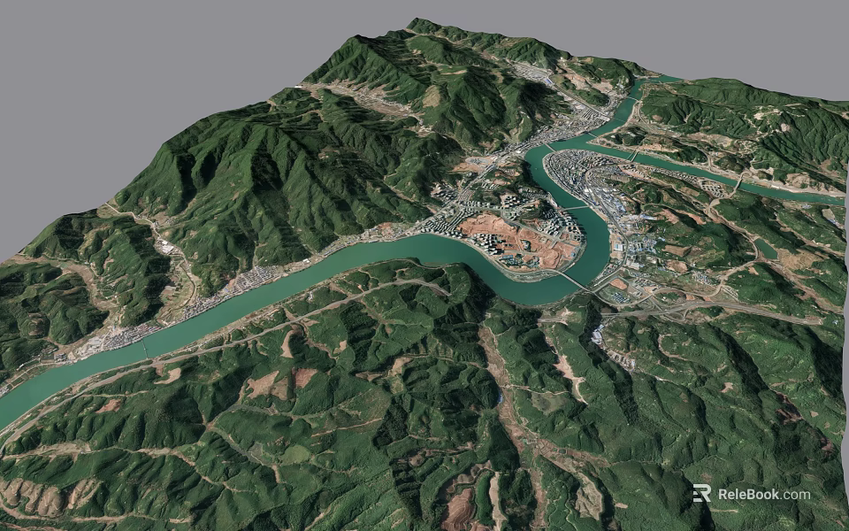Aerial View Of Mountainous Terrain With Winding River And Urban Settlement 3d model 