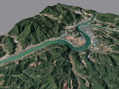 Aerial View Of Mountainous Terrain With Winding River And Urban Settlement 3d model