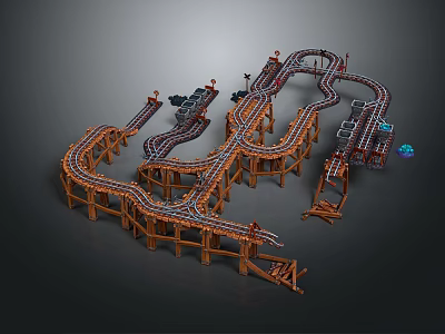 Wooden Roller Coaster Track Model With Intricate Curved Tracks And Support Pillars 3d model