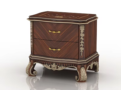 Classic Style Wooden Bedside Table With Carved Details Golden Handles Two Drawers And Ornate Legs 3d model