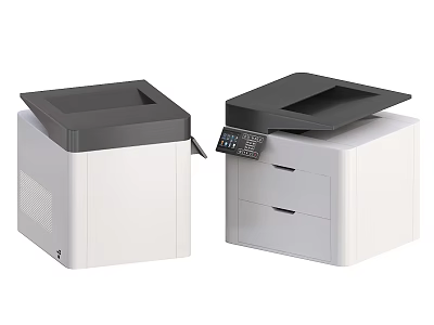 Two Modern Office Appliances With White Bodies Black Tops Control Panel And Drawers 3d model