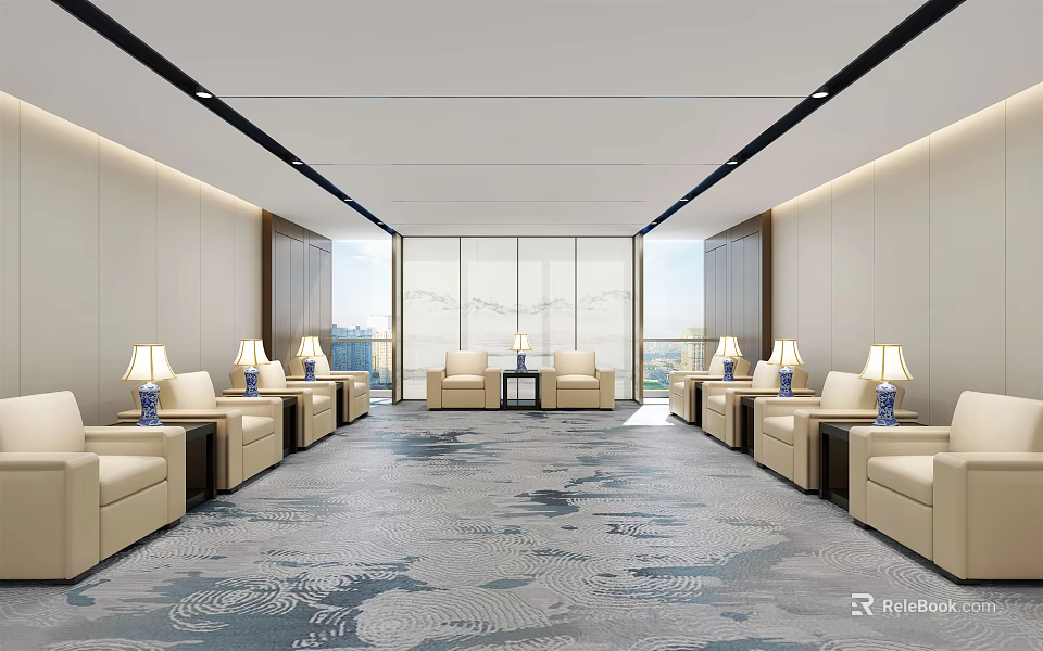 Hotel Public Lounge with Beige Sofas Coffee Tables Blue Table Lamps Large Windows and Patterned Carpet 3d model
