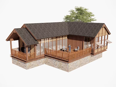 Traditional Wooden House Exterior With Dark Tile Roof Large Glass Windows And Wooden Terrace 3d model