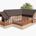 Traditional Wooden House Exterior With Dark Tile Roof Large Glass Windows And Wooden Terrace