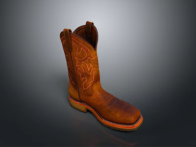 Stylish Brown Leather Cowboy Boots With Carved Patterns And Yellow Soles 3d model