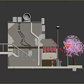 Japanese Style Snack Shop Building With Red Tiled Roof Pink Cherry Blossom Tree And Staircase