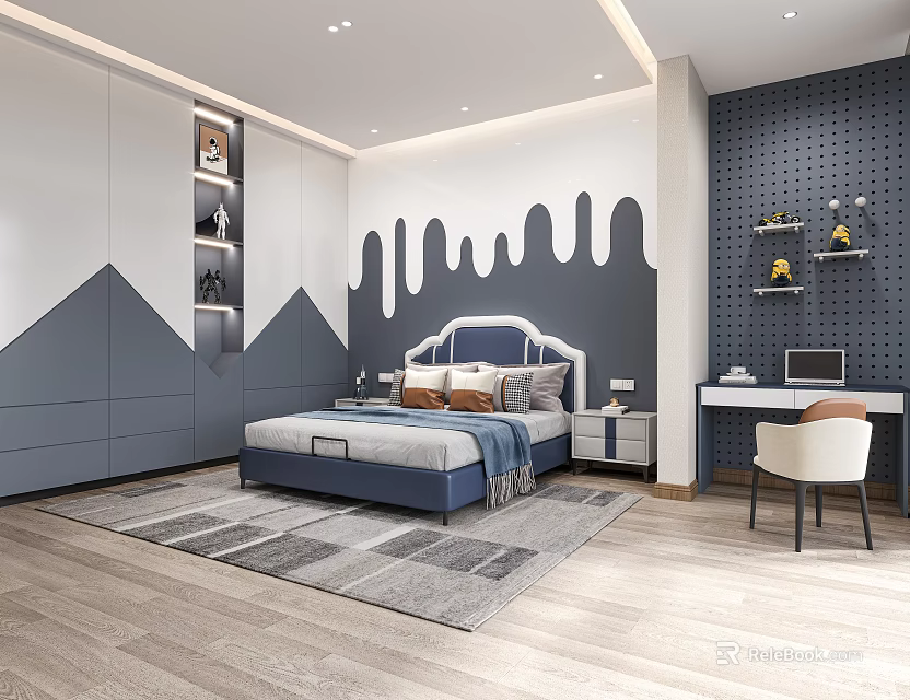 Modern Kids Room Interior With Blue Gray Bed Geometric Wall Decor And Study Desk 3d model 