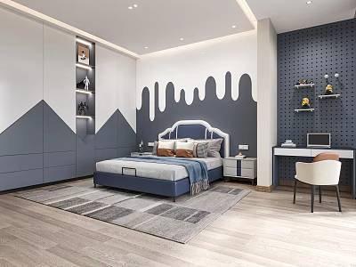 Modern Kids Room Interior With Blue Gray Bed Geometric Wall Decor And Study Desk 3d model