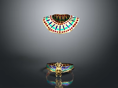 Fan Shaped Multicolored Headpiece and Bracelet with Central Ornament Design 3d model