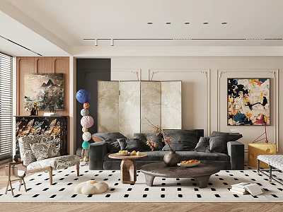Elegant Modern Living Room Interior With Dark Gray Sofa Coffee Table And Artwork 3d model