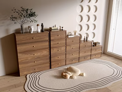 Modern Wooden Entryway Console Cabinet And Side Cabinet With Drawers Decorative Items And Area Rug 3d model