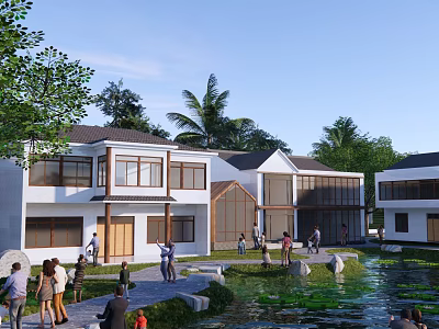 Rural Self Built House Exterior Design With White Walls Trees Water Pond And People Gathering 3d model