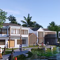 Rural Self Built House Exterior Design With White Walls Trees Water Pond And People Gathering