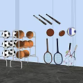 Sports Equipment Storage With Metal Rack Soccer Basketball Volleyball Baseball Bats Tennis Rackets