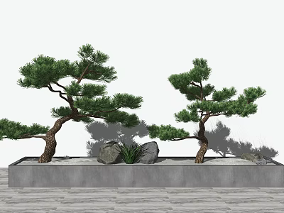 Shaped Pine Trees And Stones In Gray Stone Trough Garden Ornament On Slate Floor 3d model