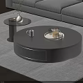 Round Gray Coffee Table with Mug Tray Teapot Spoon and Side Table with Vase 3d model