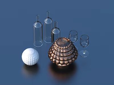 Modern Household Decor Items With Transparent Bottles Glasses White And Copper Textured Balls 3d model