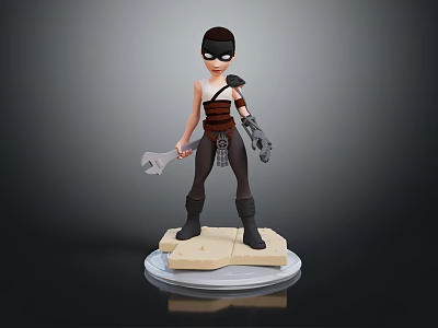 3D Character Model of Masked Figure With Mechanical Arm Wrench and Stone Base 3d model