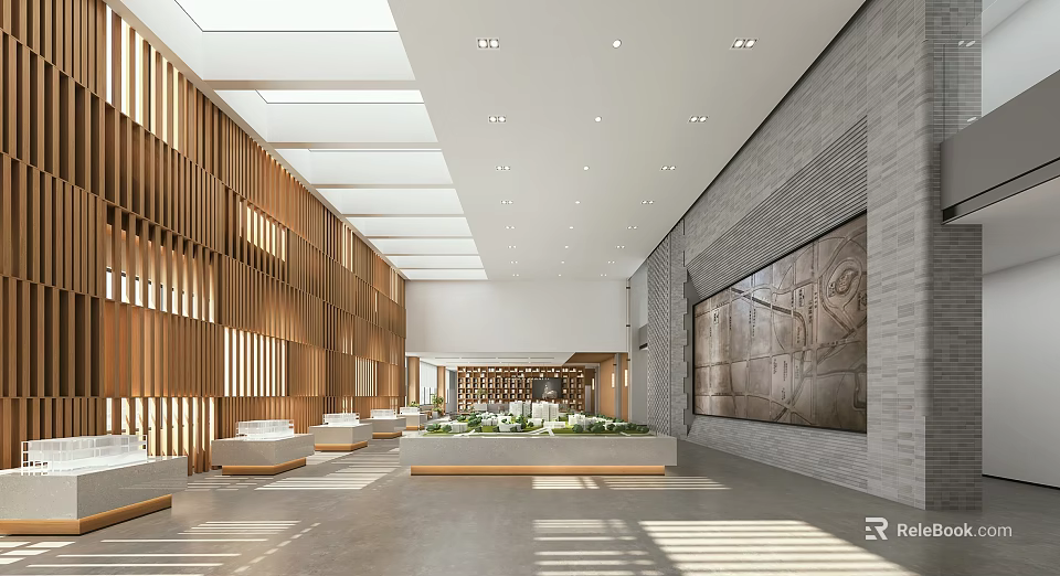 Bright Spacious Modern Sales Office Interior With Warm Wooden Partition And Real Estate Sand Models 3d model 