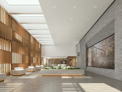 Bright Spacious Modern Sales Office Interior With Warm Wooden Partition And Real Estate Sand Models 3d model