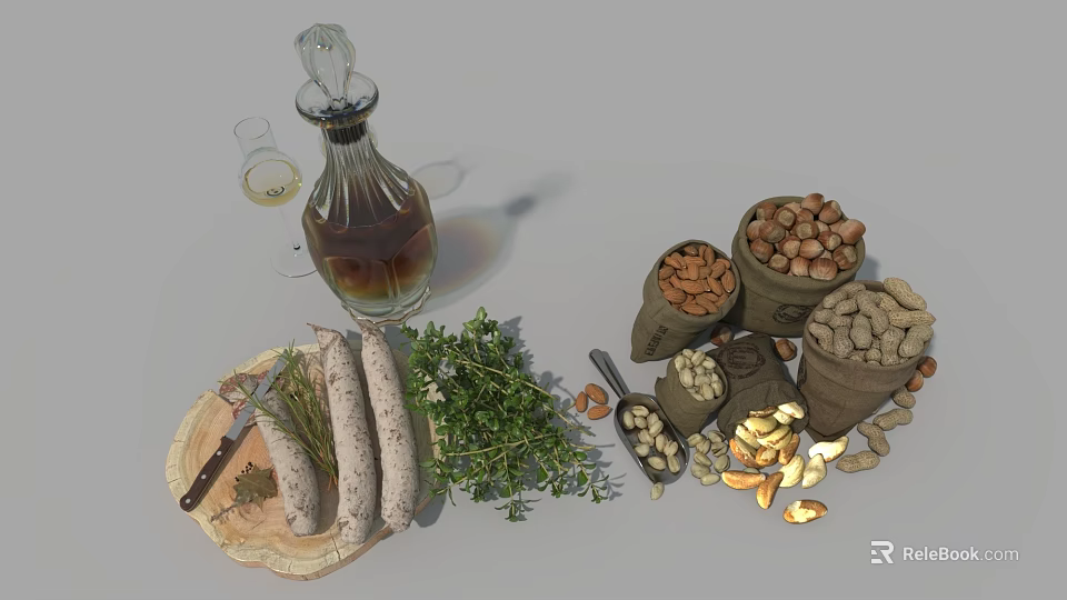 Assorted Food Ingredients With Sausages Fresh Herbs Nuts And Olive Oil On Wooden Plate 3d model 