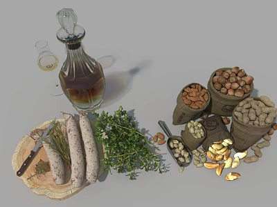 Assorted Food Ingredients With Sausages Fresh Herbs Nuts And Olive Oil On Wooden Plate 3d model