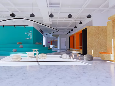 Modern Lounge Area Interior With Blue Wall Pendant Lights And Floor Cushions 3d model