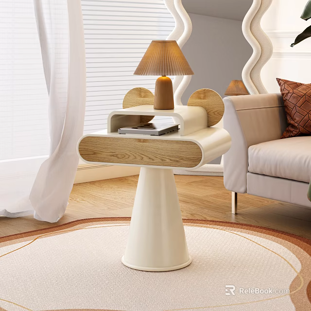 Modern Style Living Room Side Table With White Base And Wooden Top And Lamp 3d model 