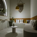 Modern Hotel Guest Room With Cozy Bed Pillows Blanket Side Table Plants And Hanging Decor