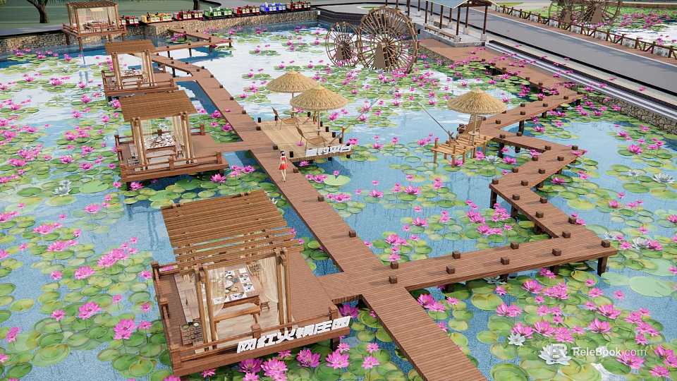 Scenic Ecological Park With Wooden Walkways Lotus Flowers And Water Wheels 3d model 