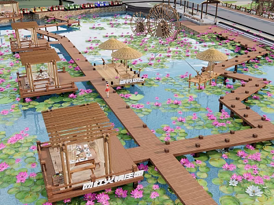 Scenic Ecological Park With Wooden Walkways Lotus Flowers And Water Wheels 3d model