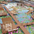 Scenic Ecological Park With Wooden Walkways Lotus Flowers And Water Wheels