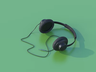 Black Wired Over Ear Headphones With Cord On Green Background 3d model