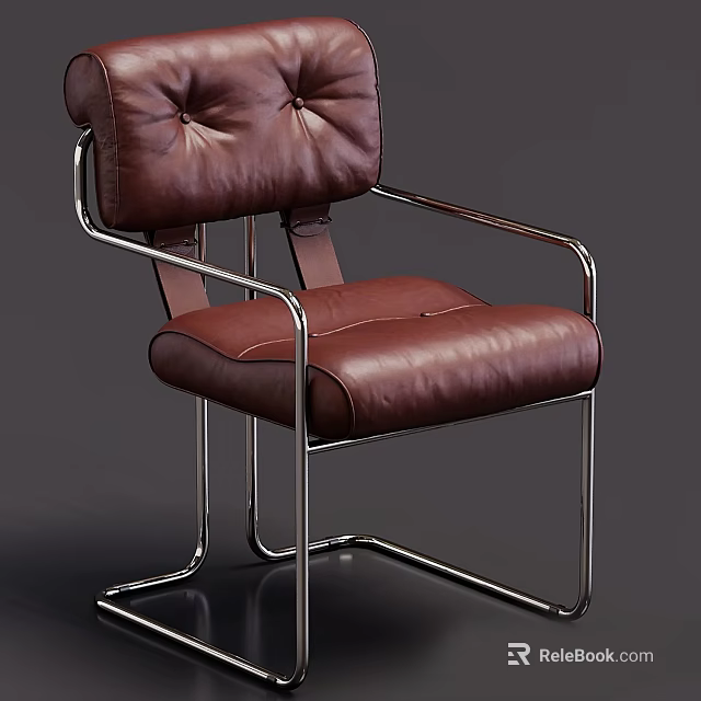 Brown Leather Leisure Chair With Tufted Backrest And Chrome Metal Frame 3d model 
