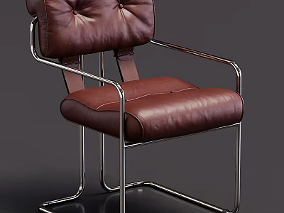 Brown Leather Leisure Chair With Tufted Backrest And Chrome Metal Frame 3d model
